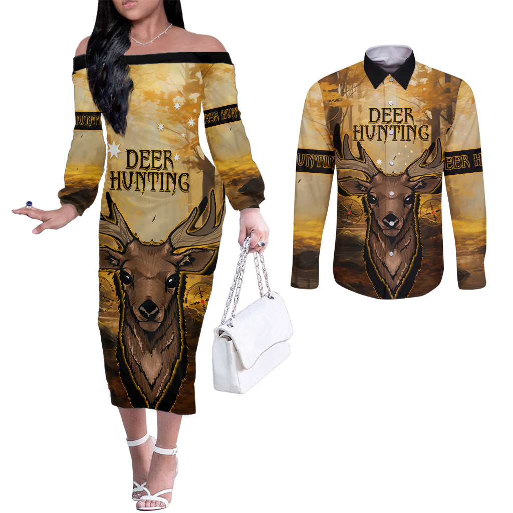 Personalised Deer Hunting Couples Matching Off The Shoulder Long Sleeve Dress and Long Sleeve Button Shirt Forest Vibes