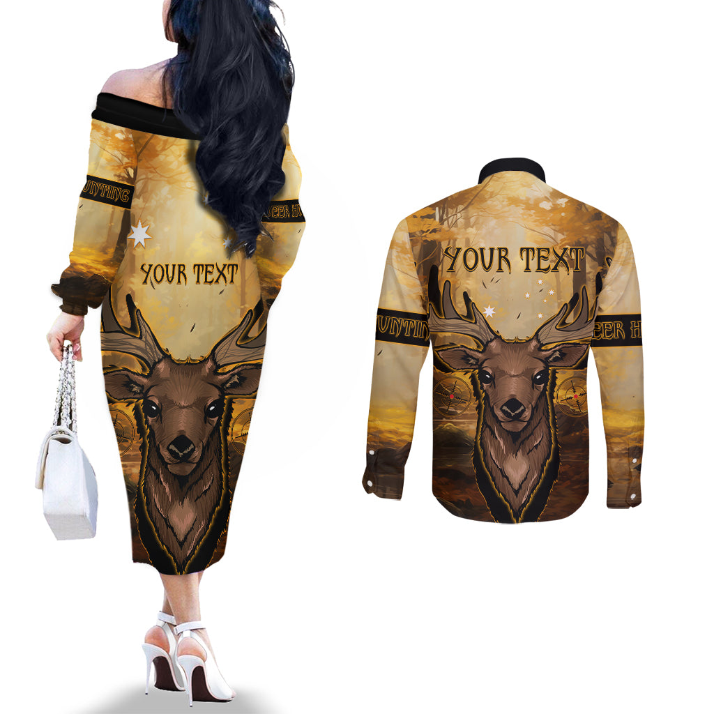 Personalised Deer Hunting Couples Matching Off The Shoulder Long Sleeve Dress and Long Sleeve Button Shirt Forest Vibes
