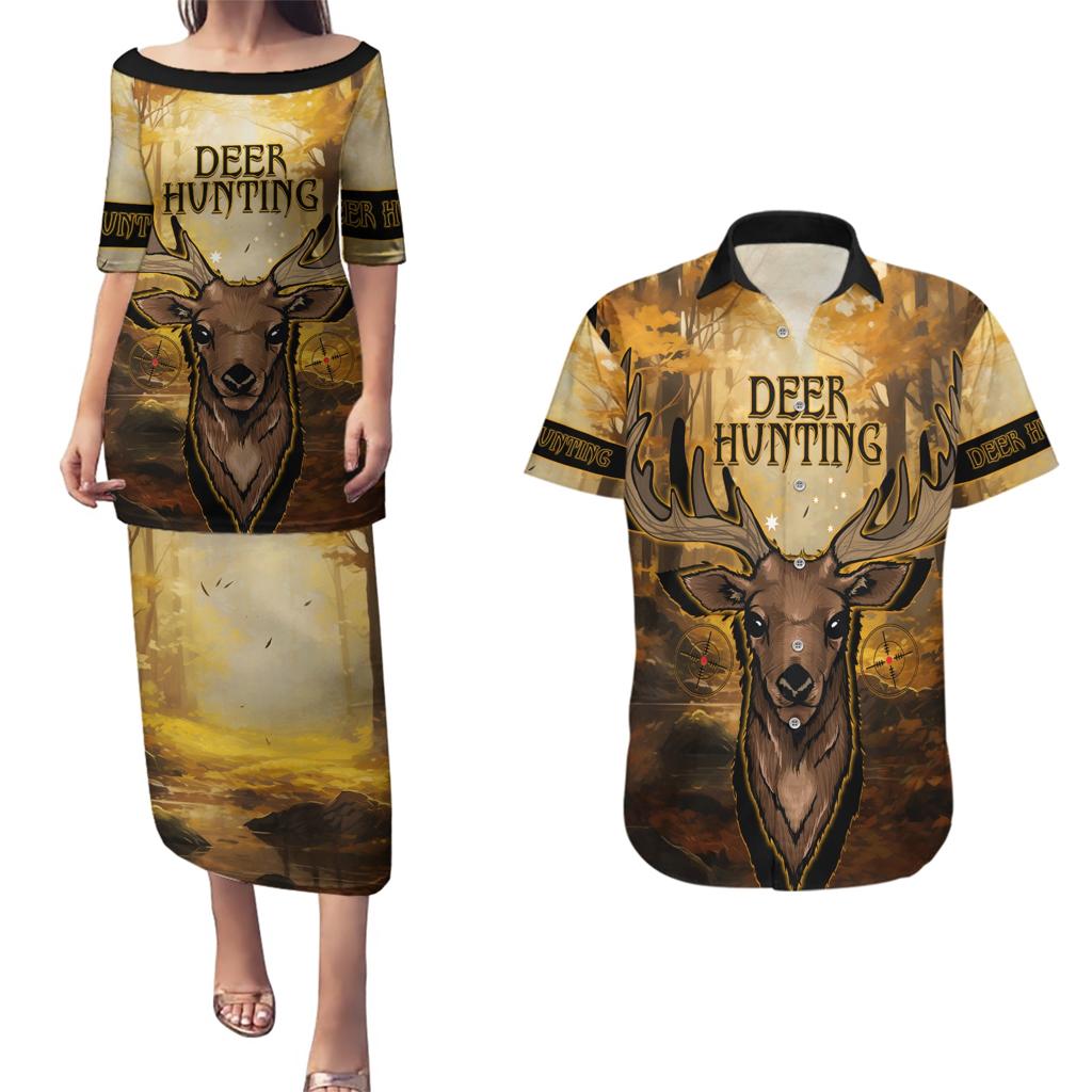 Personalised Deer Hunting Couples Matching Puletasi and Hawaiian Shirt Forest Vibes
