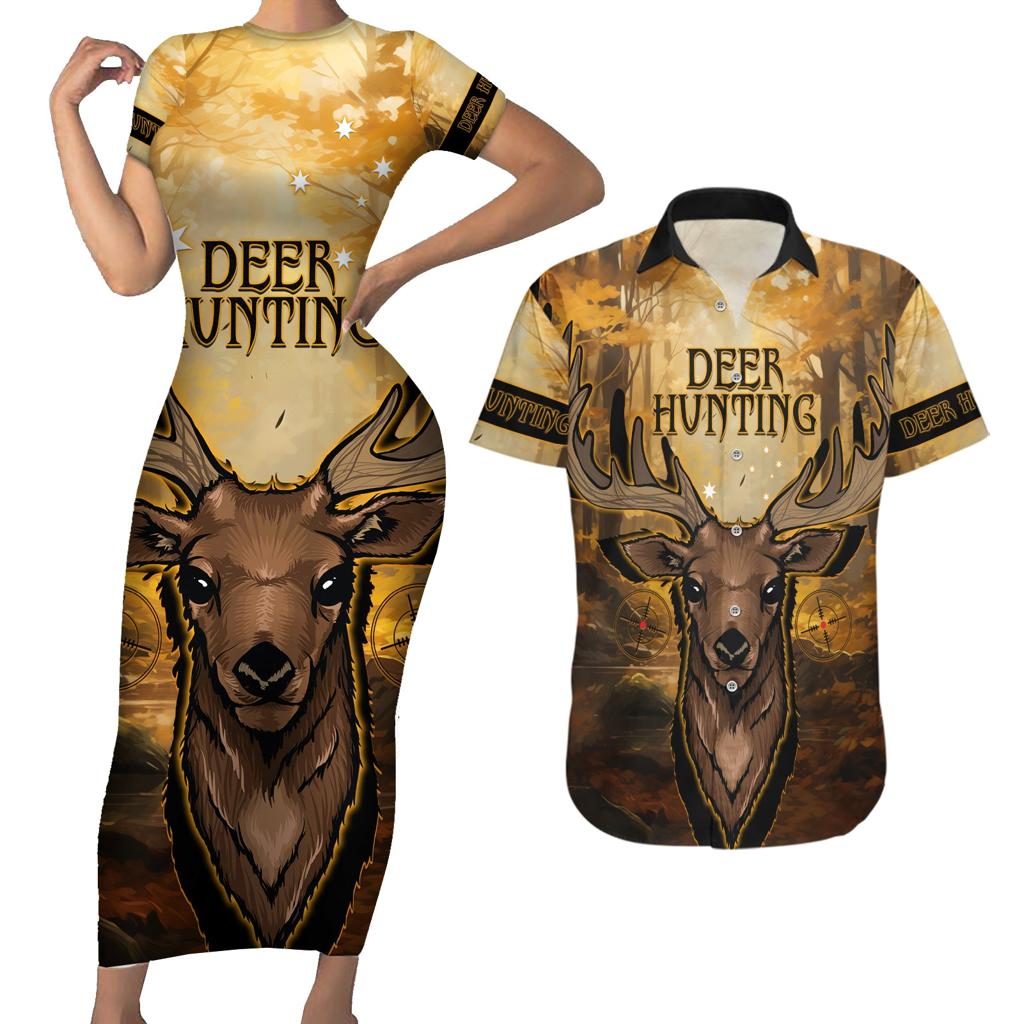 Personalised Deer Hunting Couples Matching Short Sleeve Bodycon Dress and Hawaiian Shirt Forest Vibes