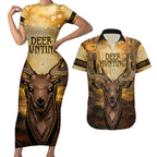 Personalised Deer Hunting Couples Matching Short Sleeve Bodycon Dress and Hawaiian Shirt Forest Vibes