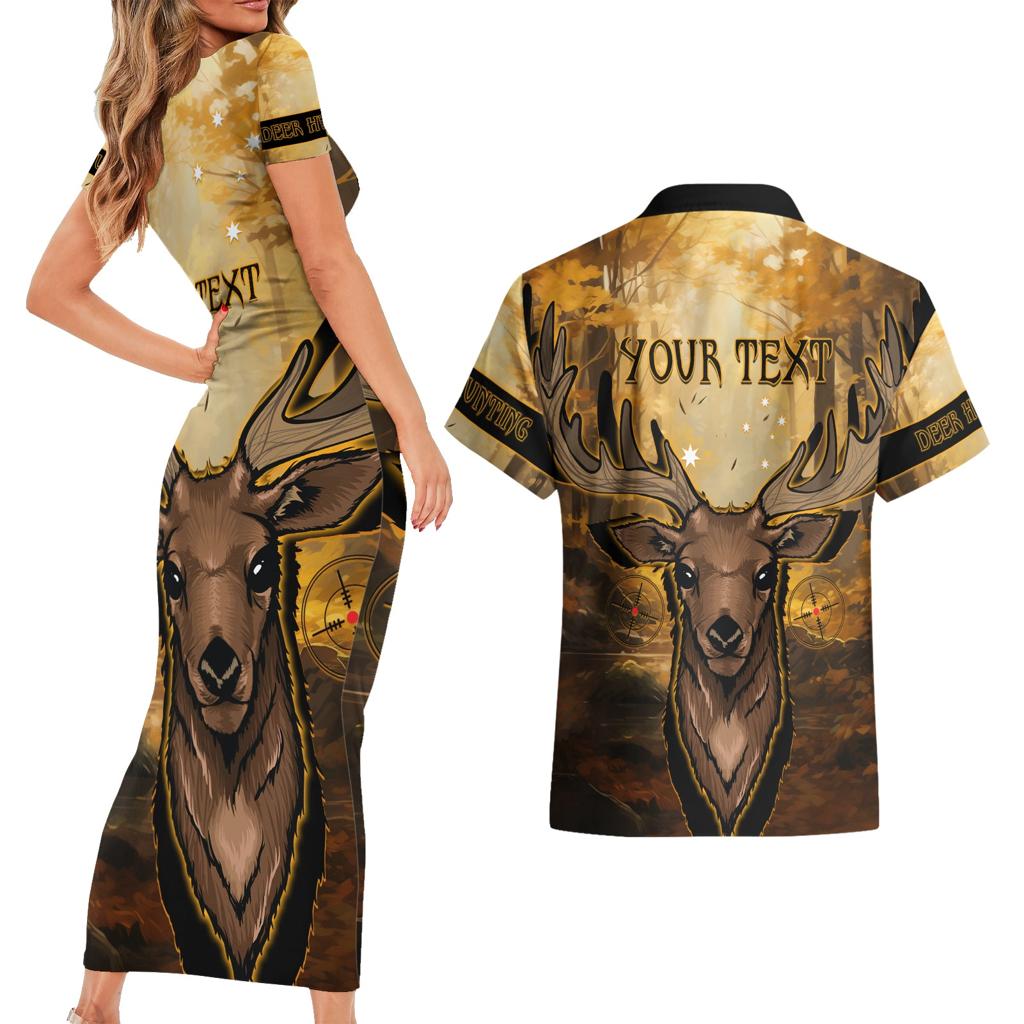 Personalised Deer Hunting Couples Matching Short Sleeve Bodycon Dress and Hawaiian Shirt Forest Vibes