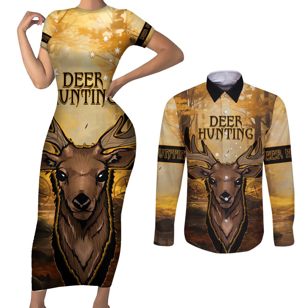Personalised Deer Hunting Couples Matching Short Sleeve Bodycon Dress and Long Sleeve Button Shirt Forest Vibes