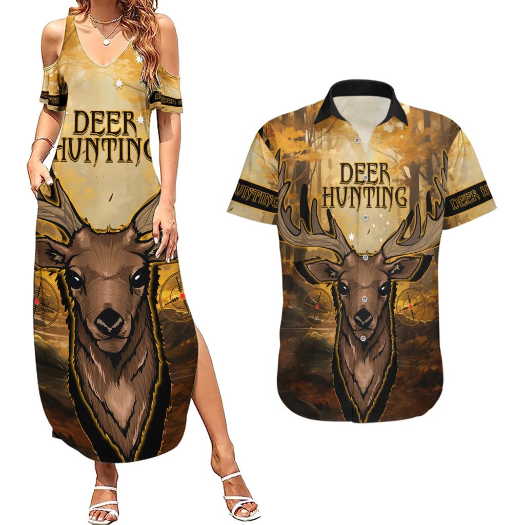 Personalised Deer Hunting Couples Matching Summer Maxi Dress and Hawaiian Shirt Forest Vibes