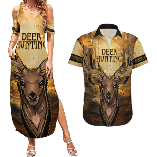 Personalised Deer Hunting Couples Matching Summer Maxi Dress and Hawaiian Shirt Forest Vibes