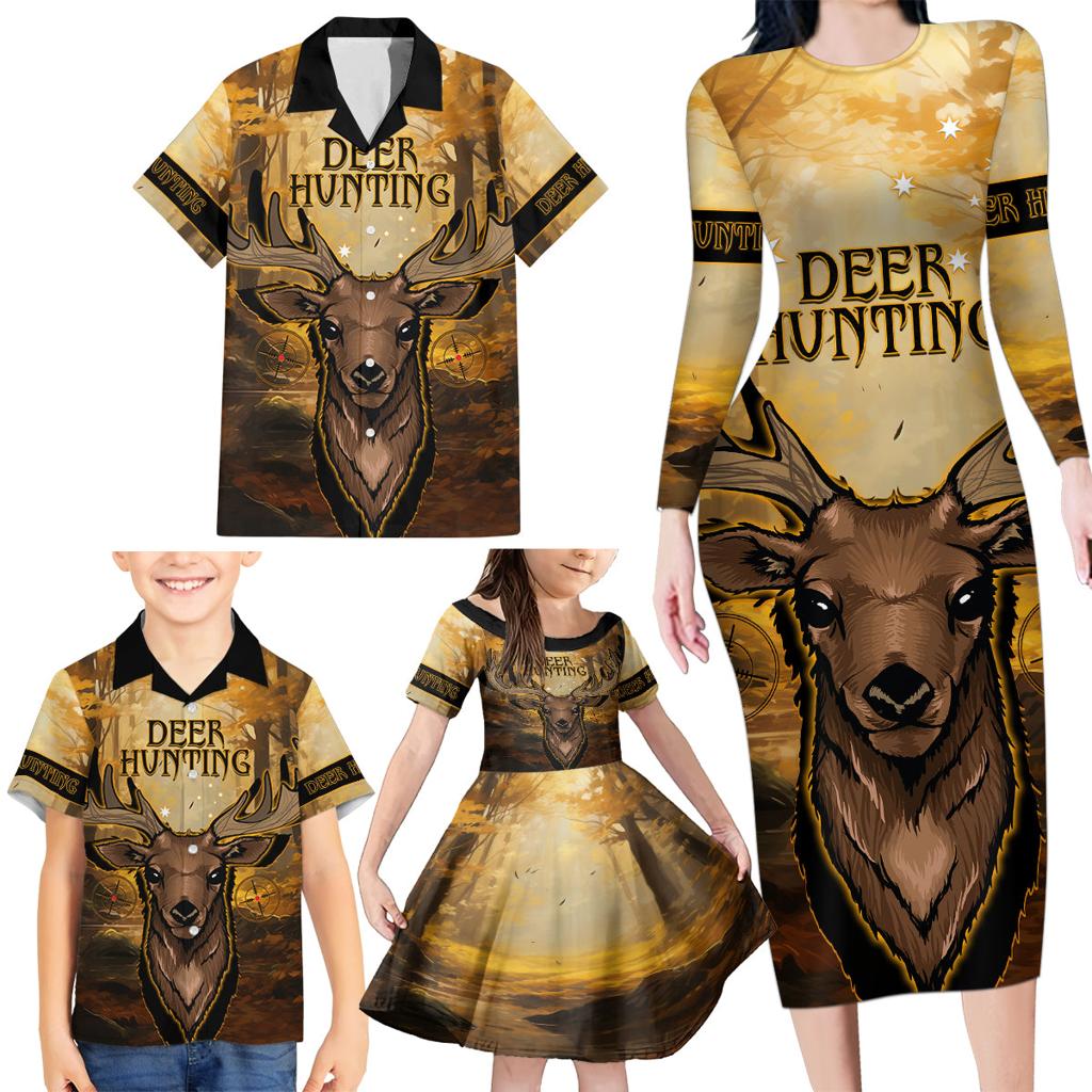 Personalised Deer Hunting Family Matching Long Sleeve Bodycon Dress and Hawaiian Shirt Forest Vibes