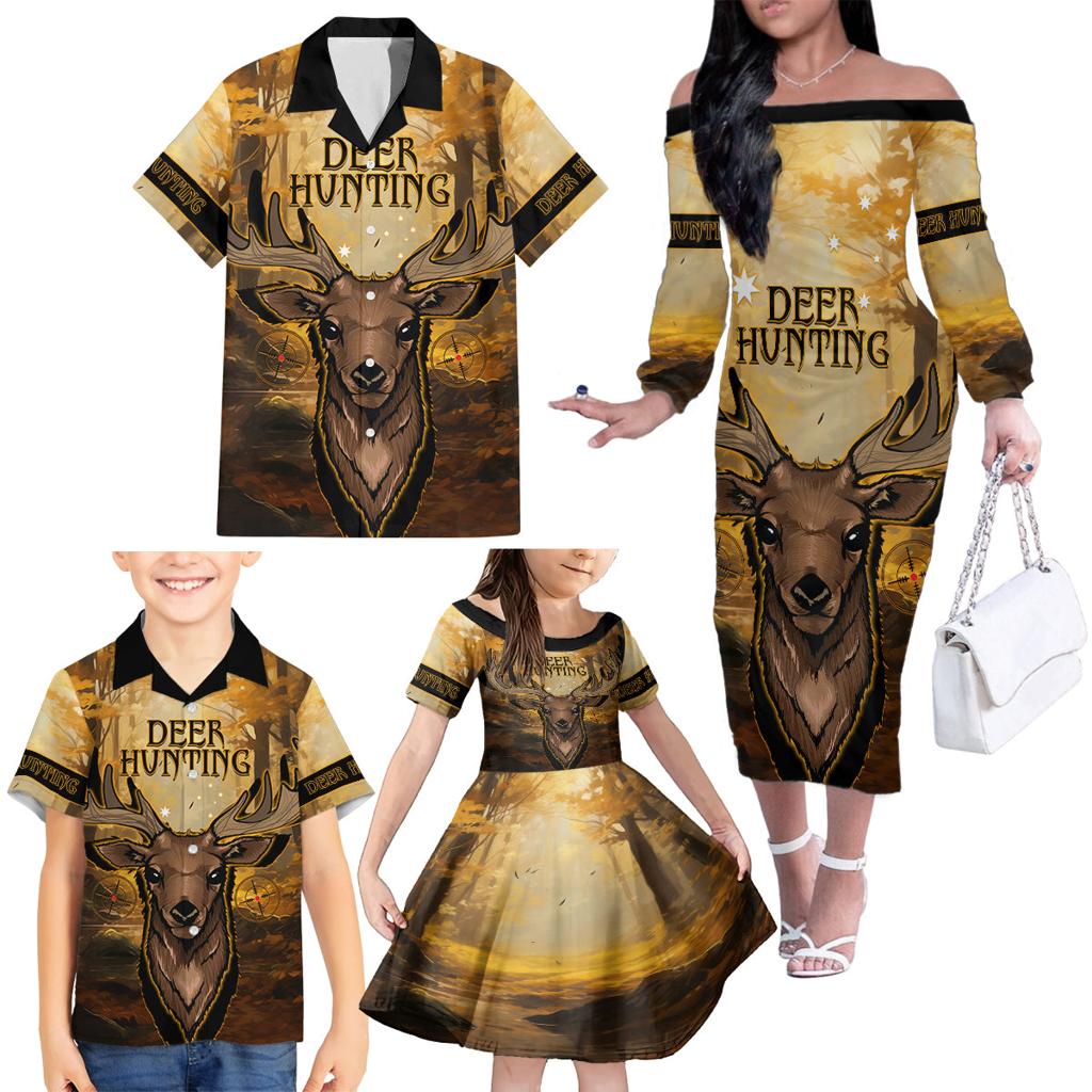 Personalised Deer Hunting Family Matching Off Shoulder Long Sleeve Dress and Hawaiian Shirt Forest Vibes