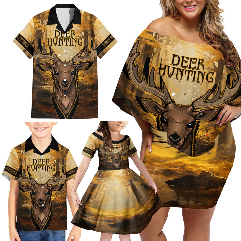 Personalised Deer Hunting Family Matching Off Shoulder Short Dress and Hawaiian Shirt Forest Vibes
