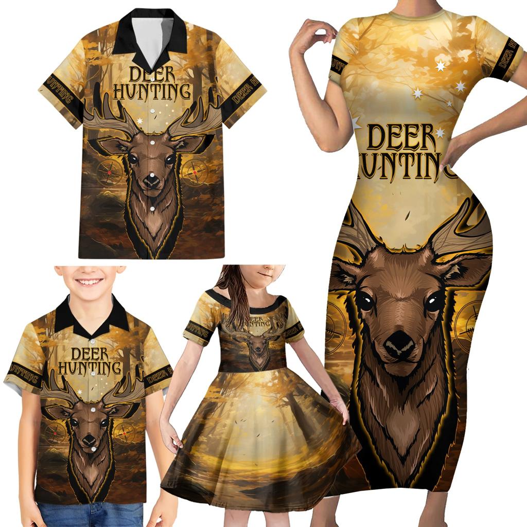 Personalised Deer Hunting Family Matching Short Sleeve Bodycon Dress and Hawaiian Shirt Forest Vibes