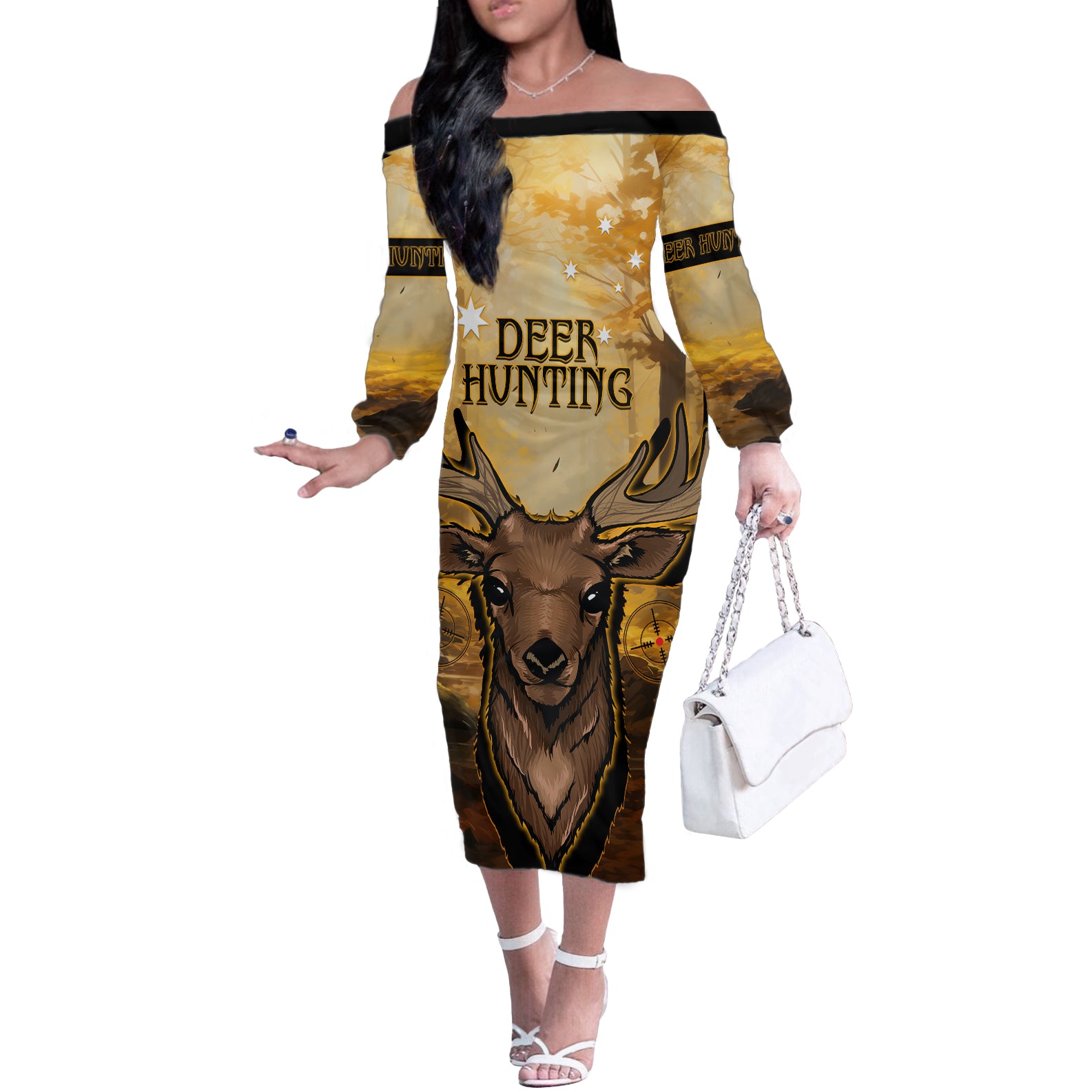 Personalised Deer Hunting Off The Shoulder Long Sleeve Dress Forest Vibes