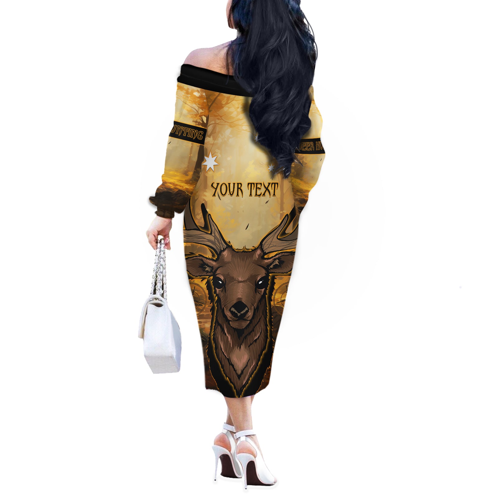 Personalised Deer Hunting Off The Shoulder Long Sleeve Dress Forest Vibes