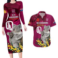 Custom QLD Maroons ANZAC Day Couples Matching Long Sleeve Bodycon Dress and Hawaiian Shirt Australian Koala Mix Camouflage