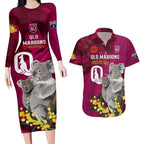 Custom QLD Maroons ANZAC Day Couples Matching Long Sleeve Bodycon Dress and Hawaiian Shirt Australian Koala Mix Camouflage