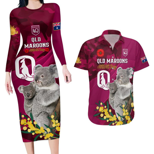 Custom QLD Maroons ANZAC Day Couples Matching Long Sleeve Bodycon Dress and Hawaiian Shirt Australian Koala Mix Camouflage