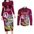 Custom QLD Maroons ANZAC Day Couples Matching Long Sleeve Bodycon Dress and Long Sleeve Button Shirt Australian Koala Mix Camouflage