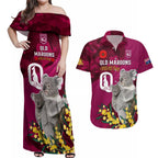 Custom QLD Maroons ANZAC Day Couples Matching Off Shoulder Maxi Dress and Hawaiian Shirt Australian Koala Mix Camouflage
