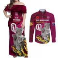 Custom QLD Maroons ANZAC Day Couples Matching Off Shoulder Maxi Dress and Long Sleeve Button Shirt Australian Koala Mix Camouflage
