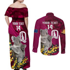 Custom QLD Maroons ANZAC Day Couples Matching Off Shoulder Maxi Dress and Long Sleeve Button Shirt Australian Koala Mix Camouflage