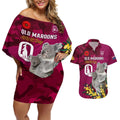 Custom QLD Maroons ANZAC Day Couples Matching Off Shoulder Short Dress and Hawaiian Shirt Australian Koala Mix Camouflage
