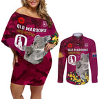 Custom QLD Maroons ANZAC Day Couples Matching Off Shoulder Short Dress and Long Sleeve Button Shirt Australian Koala Mix Camouflage
