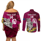 Custom QLD Maroons ANZAC Day Couples Matching Off Shoulder Short Dress and Long Sleeve Button Shirt Australian Koala Mix Camouflage