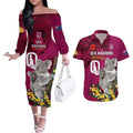 Custom QLD Maroons ANZAC Day Couples Matching Off The Shoulder Long Sleeve Dress and Hawaiian Shirt Australian Koala Mix Camouflage
