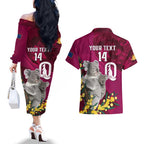 Custom QLD Maroons ANZAC Day Couples Matching Off The Shoulder Long Sleeve Dress and Hawaiian Shirt Australian Koala Mix Camouflage