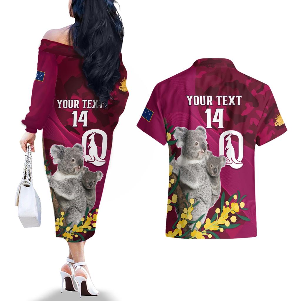 Custom QLD Maroons ANZAC Day Couples Matching Off The Shoulder Long Sleeve Dress and Hawaiian Shirt Australian Koala Mix Camouflage