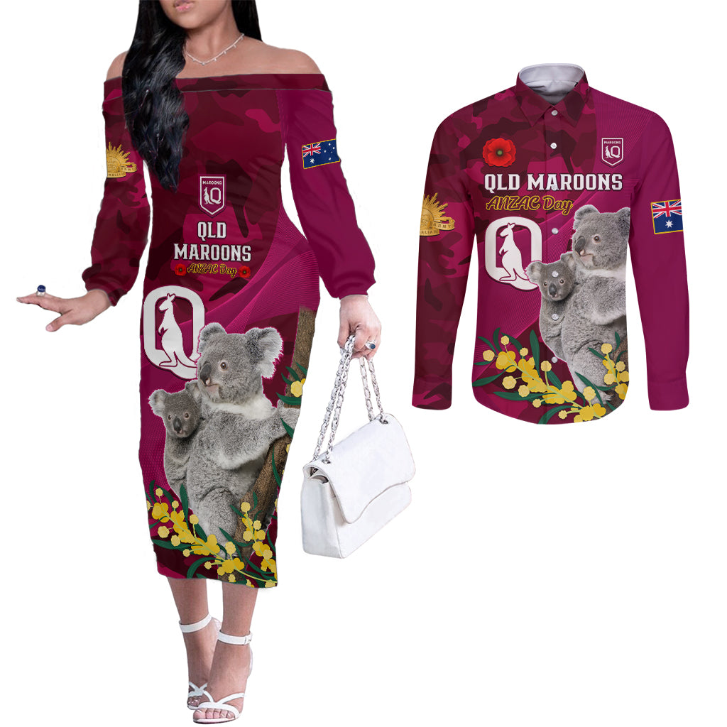 Custom QLD Maroons ANZAC Day Couples Matching Off The Shoulder Long Sleeve Dress and Long Sleeve Button Shirt Australian Koala Mix Camouflage