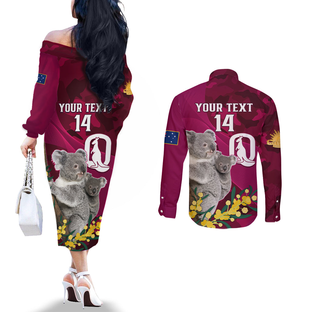Custom QLD Maroons ANZAC Day Couples Matching Off The Shoulder Long Sleeve Dress and Long Sleeve Button Shirt Australian Koala Mix Camouflage