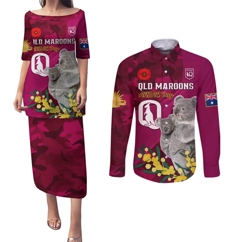 Custom QLD Maroons ANZAC Day Couples Matching Puletasi and Long Sleeve Button Shirt Australian Koala Mix Camouflage