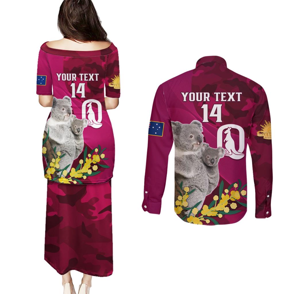 Custom QLD Maroons ANZAC Day Couples Matching Puletasi and Long Sleeve Button Shirt Australian Koala Mix Camouflage