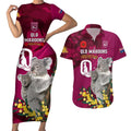 Custom QLD Maroons ANZAC Day Couples Matching Short Sleeve Bodycon Dress and Hawaiian Shirt Australian Koala Mix Camouflage
