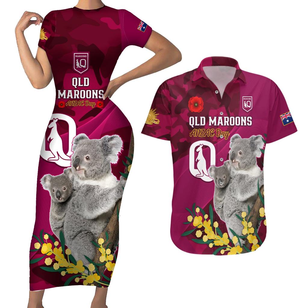 Custom QLD Maroons ANZAC Day Couples Matching Short Sleeve Bodycon Dress and Hawaiian Shirt Australian Koala Mix Camouflage