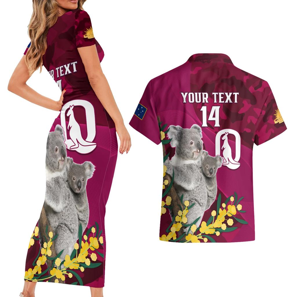 Custom QLD Maroons ANZAC Day Couples Matching Short Sleeve Bodycon Dress and Hawaiian Shirt Australian Koala Mix Camouflage