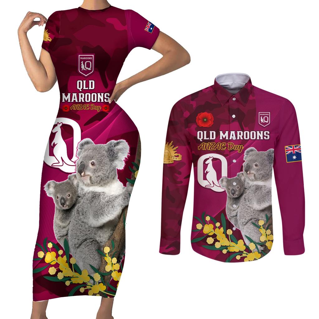 Custom QLD Maroons ANZAC Day Couples Matching Short Sleeve Bodycon Dress and Long Sleeve Button Shirt Australian Koala Mix Camouflage