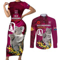 Custom QLD Maroons ANZAC Day Couples Matching Short Sleeve Bodycon Dress and Long Sleeve Button Shirt Australian Koala Mix Camouflage