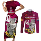 Custom QLD Maroons ANZAC Day Couples Matching Short Sleeve Bodycon Dress and Long Sleeve Button Shirt Australian Koala Mix Camouflage