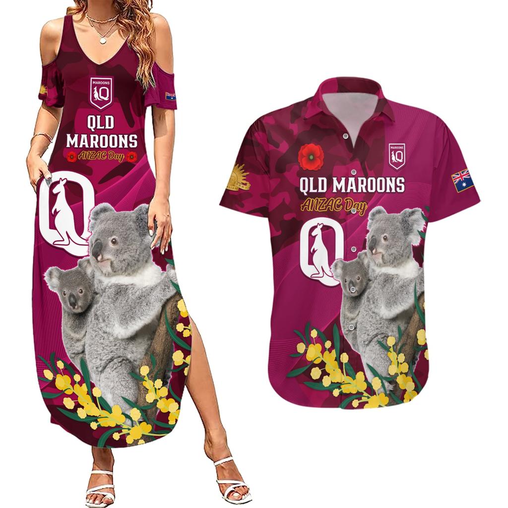 Custom QLD Maroons ANZAC Day Couples Matching Summer Maxi Dress and Hawaiian Shirt Australian Koala Mix Camouflage