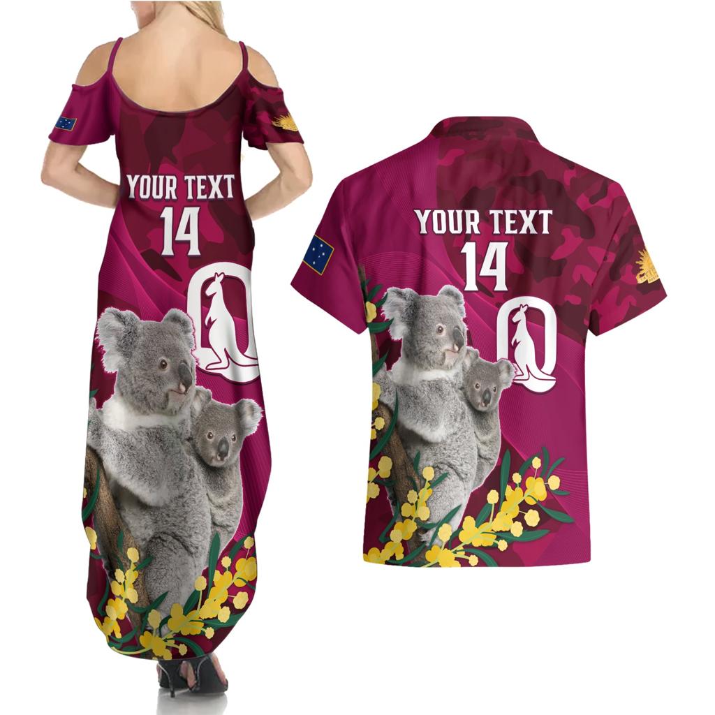 Custom QLD Maroons ANZAC Day Couples Matching Summer Maxi Dress and Hawaiian Shirt Australian Koala Mix Camouflage