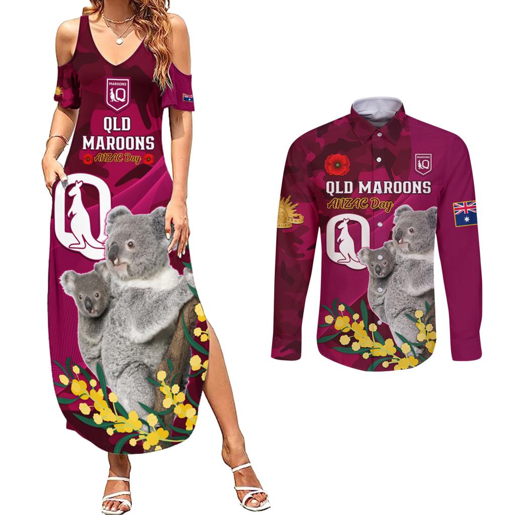 Custom QLD Maroons ANZAC Day Couples Matching Summer Maxi Dress and Long Sleeve Button Shirt Australian Koala Mix Camouflage