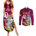 Custom QLD Maroons ANZAC Day Couples Matching Summer Maxi Dress and Long Sleeve Button Shirt Australian Koala Mix Camouflage