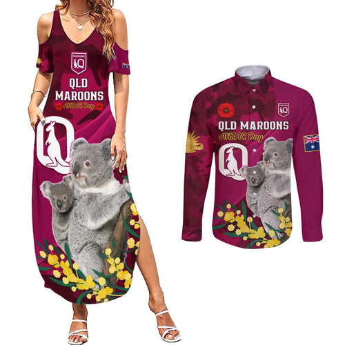 Custom QLD Maroons ANZAC Day Couples Matching Summer Maxi Dress and Long Sleeve Button Shirt Australian Koala Mix Camouflage