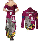 Custom QLD Maroons ANZAC Day Couples Matching Summer Maxi Dress and Long Sleeve Button Shirt Australian Koala Mix Camouflage