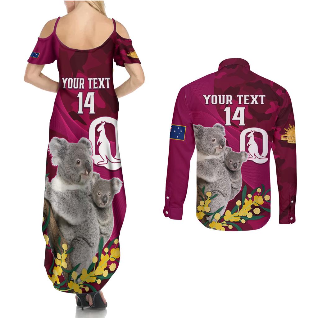 Custom QLD Maroons ANZAC Day Couples Matching Summer Maxi Dress and Long Sleeve Button Shirt Australian Koala Mix Camouflage