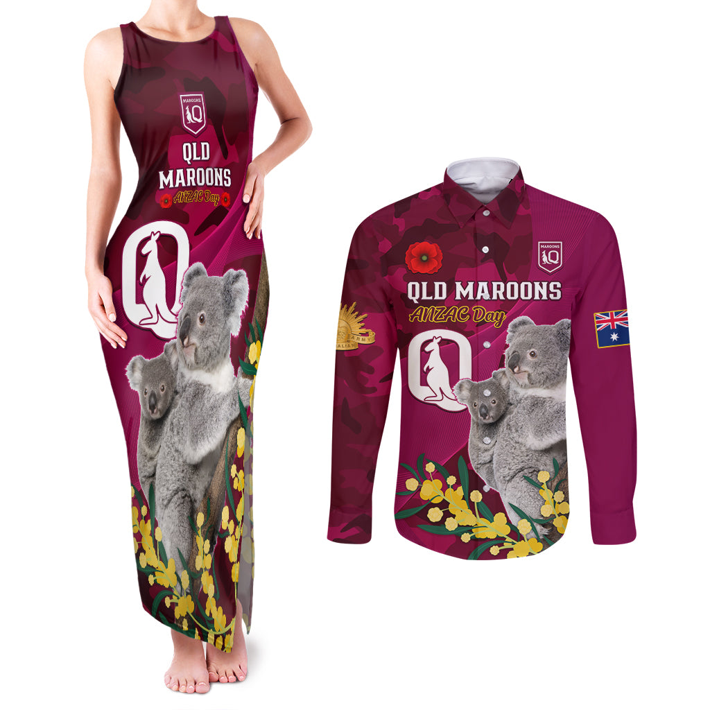 Custom QLD Maroons ANZAC Day Couples Matching Tank Maxi Dress and Long Sleeve Button Shirt Australian Koala Mix Camouflage