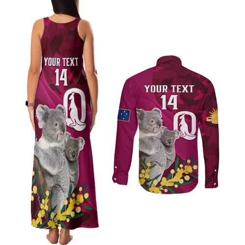 Custom QLD Maroons ANZAC Day Couples Matching Tank Maxi Dress and Long Sleeve Button Shirt Australian Koala Mix Camouflage