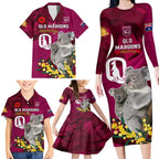 Custom QLD Maroons ANZAC Day Family Matching Long Sleeve Bodycon Dress and Hawaiian Shirt Australian Koala Mix Camouflage