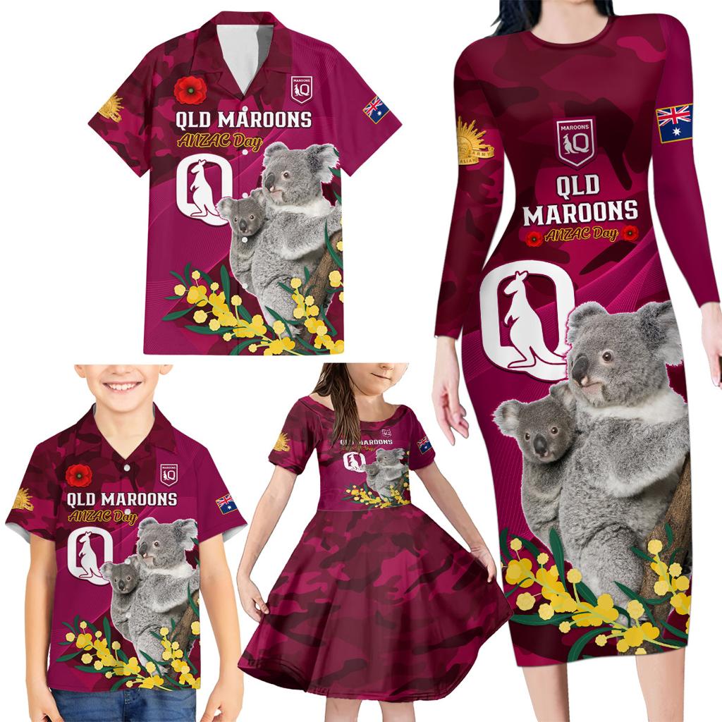 Custom QLD Maroons ANZAC Day Family Matching Long Sleeve Bodycon Dress and Hawaiian Shirt Australian Koala Mix Camouflage
