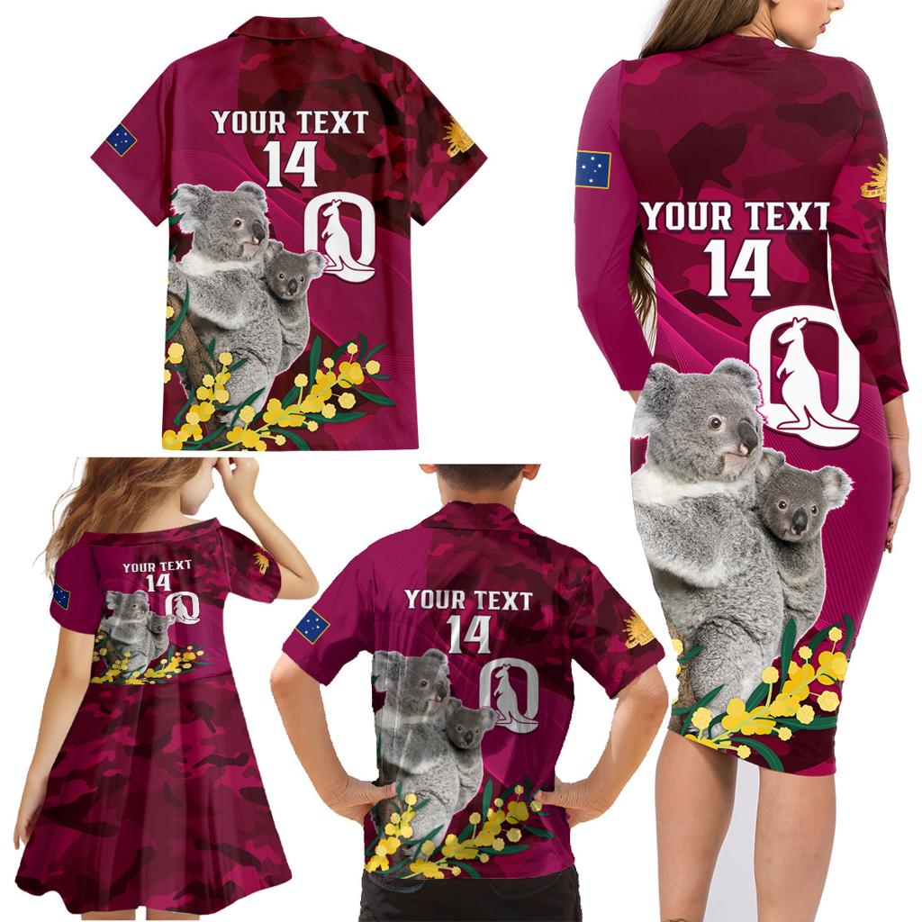 Custom QLD Maroons ANZAC Day Family Matching Long Sleeve Bodycon Dress and Hawaiian Shirt Australian Koala Mix Camouflage
